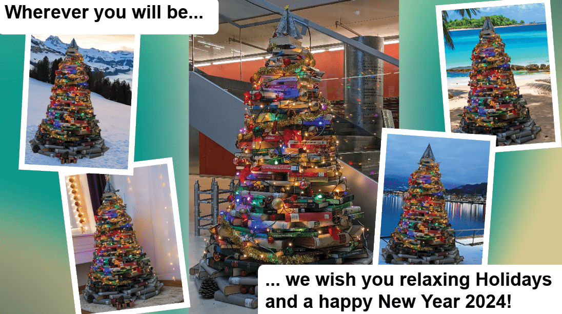Photos of the Book Christmas Tree from the eawag party with different backgrounds